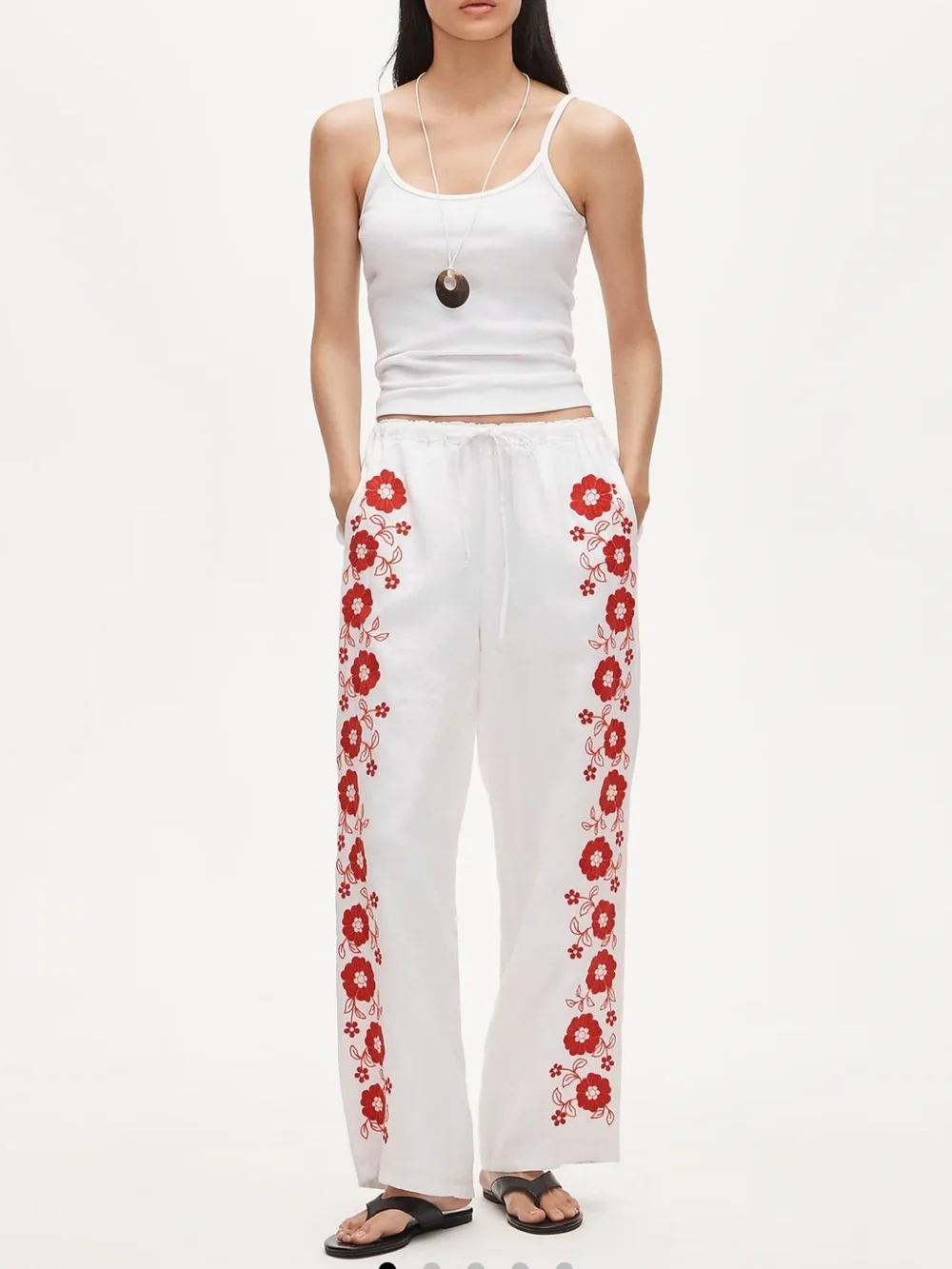 J. Crew NWT Soleil White Wide-Leg Linen Pants with Red Floral Embroidery XXS